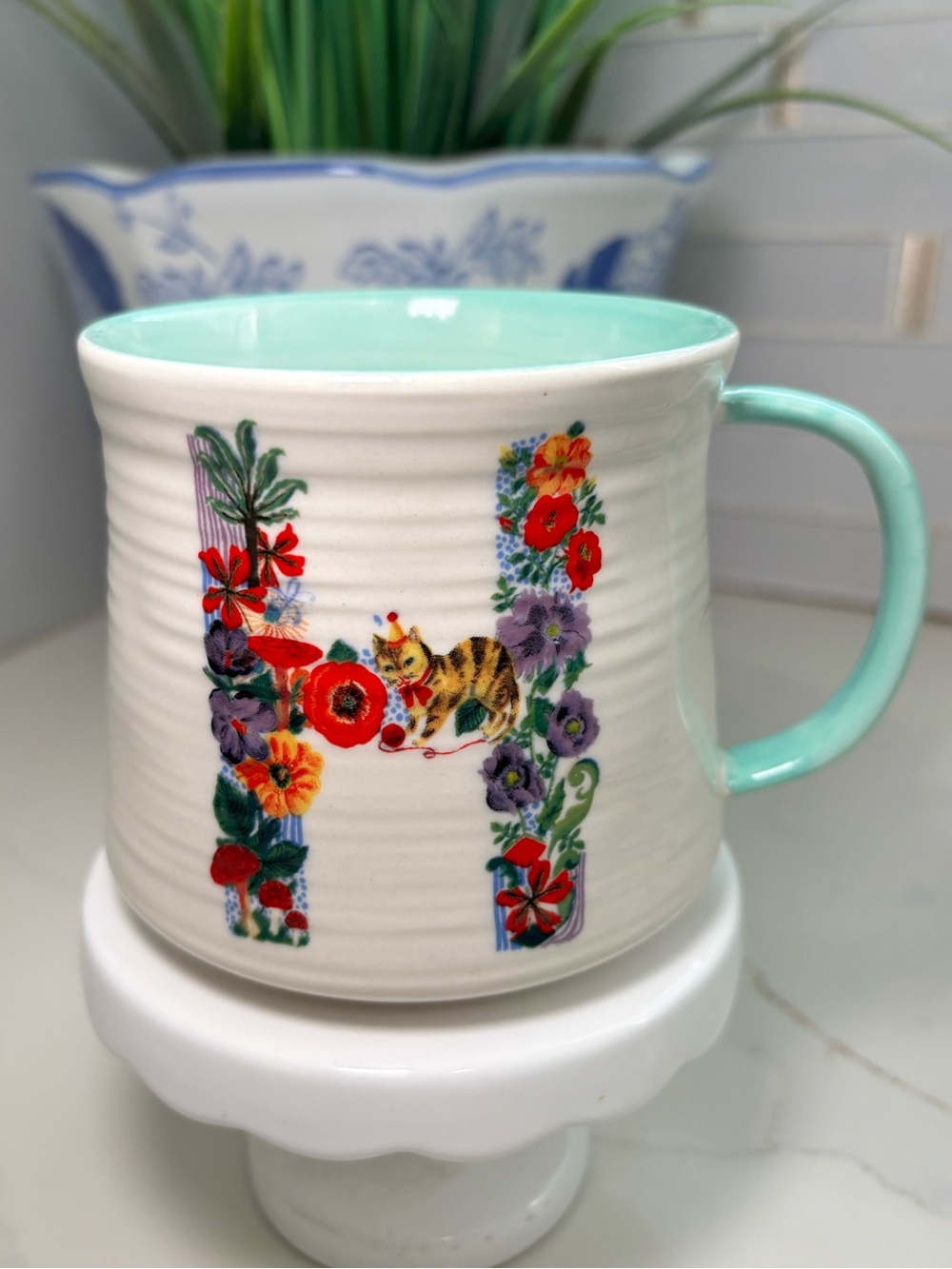 Anthropologie Nathalie Lete Letter H Mug Bouquet Monogram Floral Cat Snail Teal